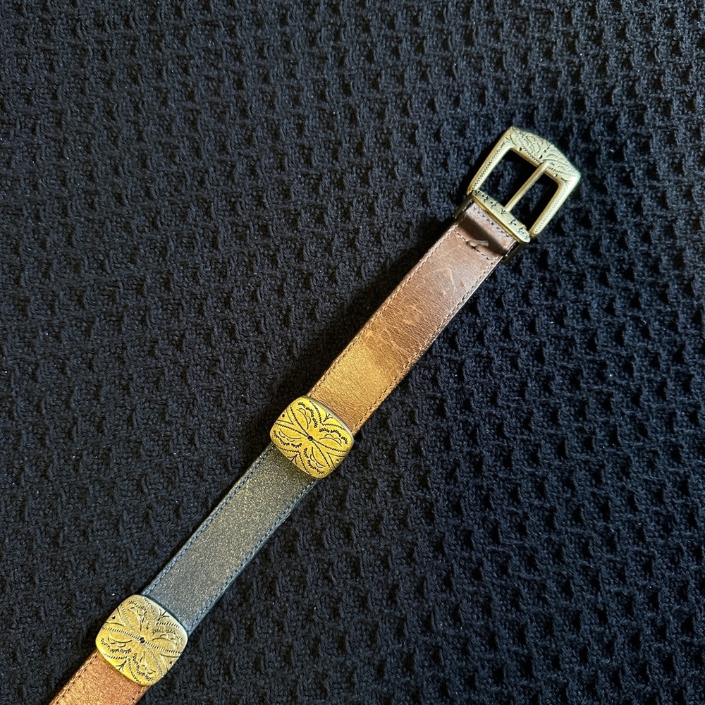 Womens vintage Brighton Navy, brass and Brown Leather Belt